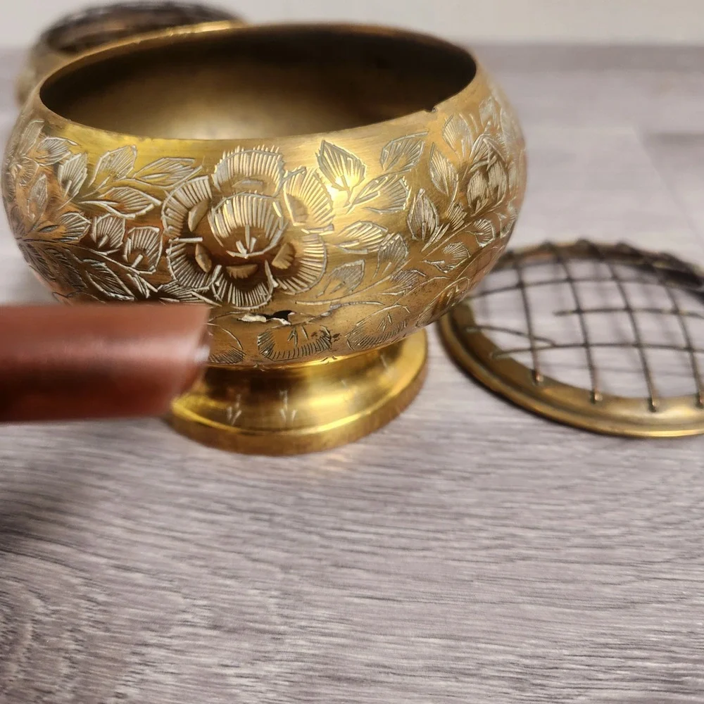 Vintage Etched Brass Rose Bowl Set with‎ Engraved Flowers Frog Mesh Insense Bowl